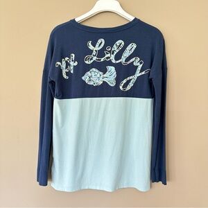 Lilly Pulitzer Women XXS Finn Shirt Fish Navy Blue Spell Out Beach Nautical Tee